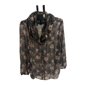 Chaps 2X Blue Paisley Print Sheer V Neck Long Sleeve Boho Tunic Top